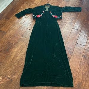 1960s Green sleeveless Velvet Maxi Dress S M Crop Jacket Embroidered Bol…